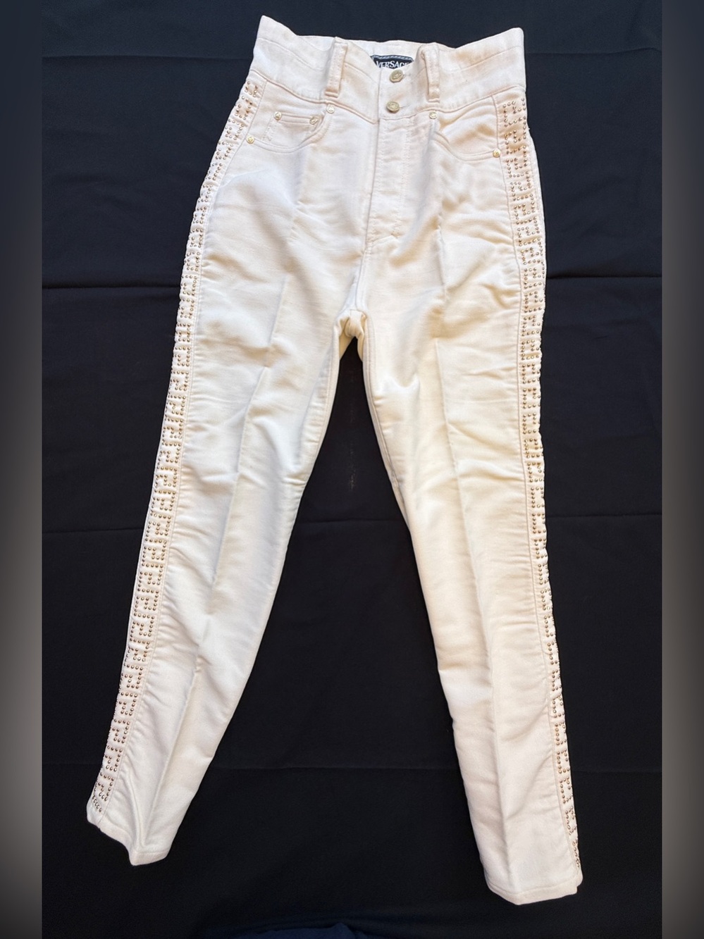 Versace Cream High-Rise Skinny Jeans with Embellished Side Trim
